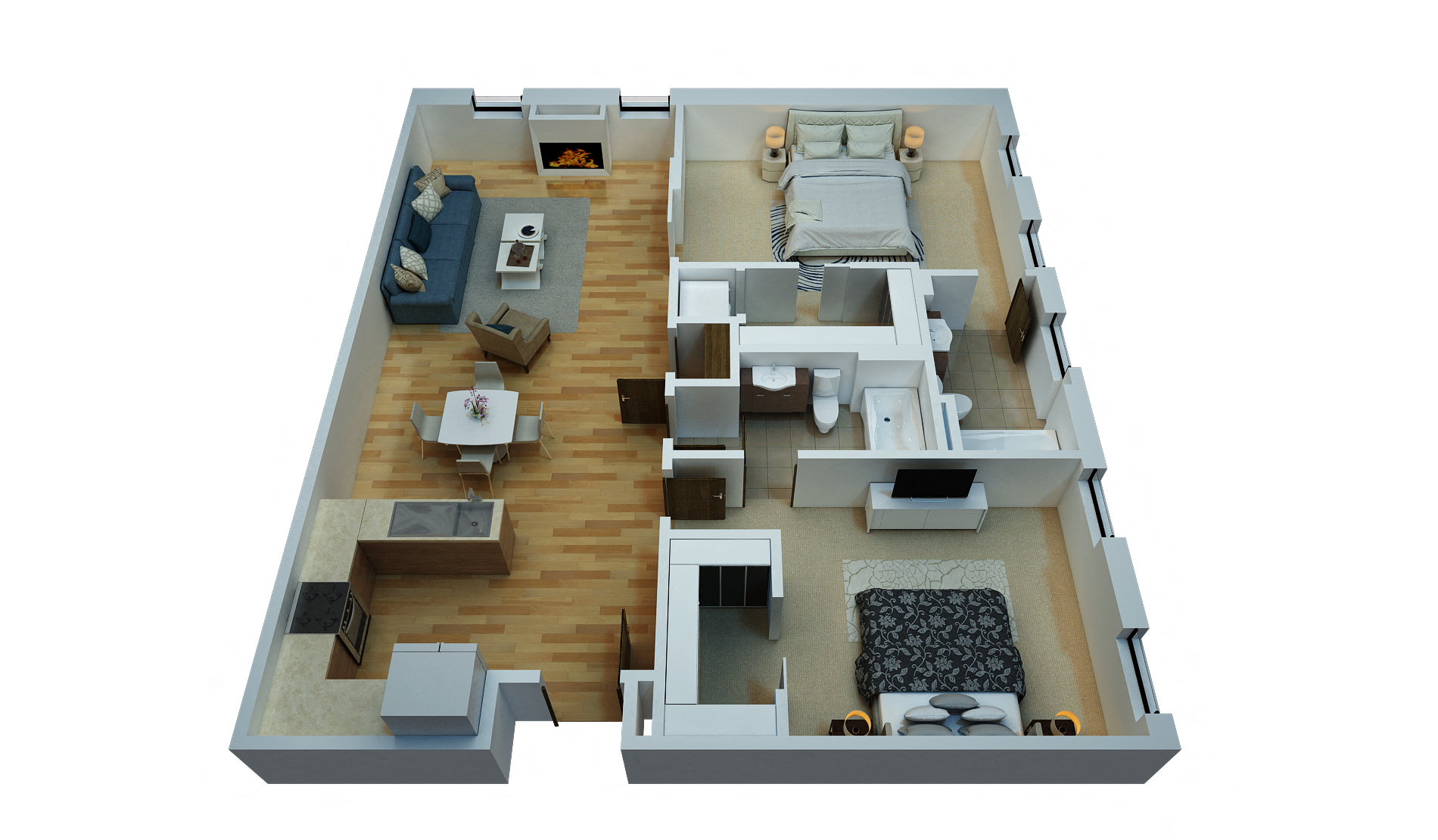 Floor plan for 2 beds, 2 baths, 1091 sqft